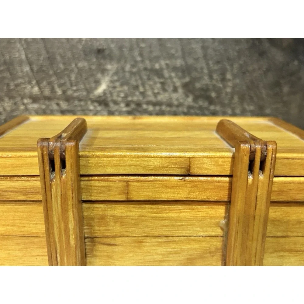 Hand Crafted Bamboo Wood Jewelry Keepsake Box Vintage Blue Inside